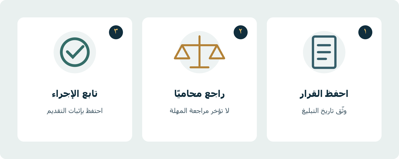 ثلاث خطوات: احفظ القرار وتاريخ التبليغ، راجع محاميًا فورًا، وتابع الإجراء الرسمي